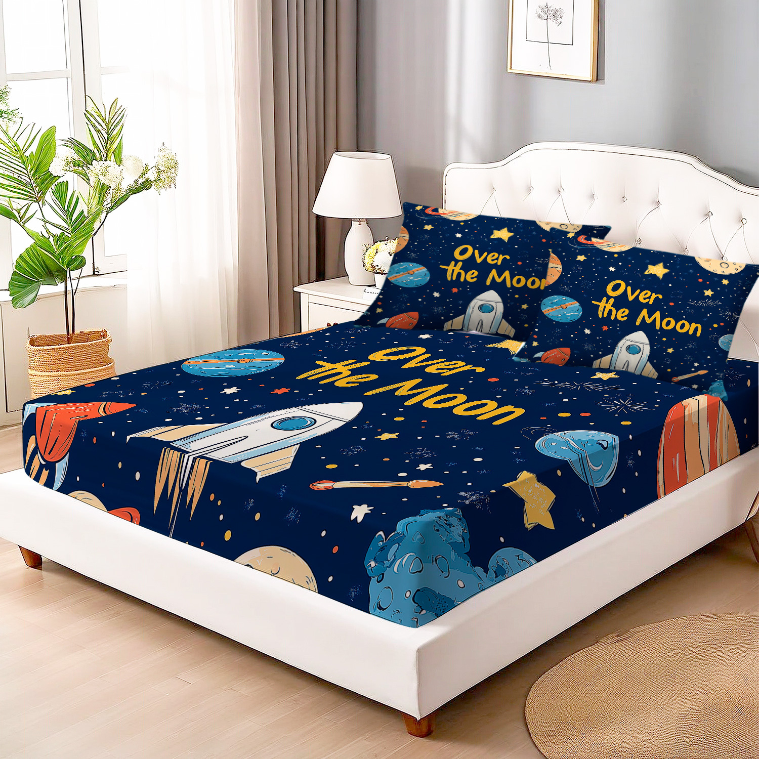 Luxury Bedding Kids Bed Sheet Set Moon Cute Cartoon Space Theme