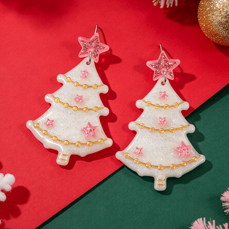 Christmas Pink Star Tree Earrings, Festive Dangle Gift