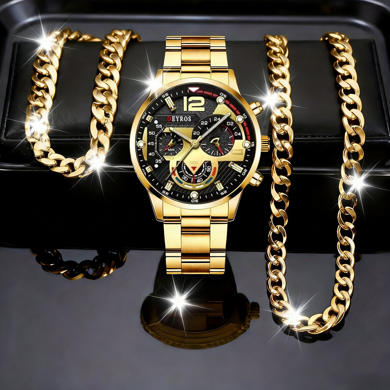 TEMU 3pcs Set: Necklace, Bracelet And Watch - Men' Steel Cuban Chain, Ideal For Hip-hop And Punk Rock Styles, Fashionable Men's Quartz Watch
