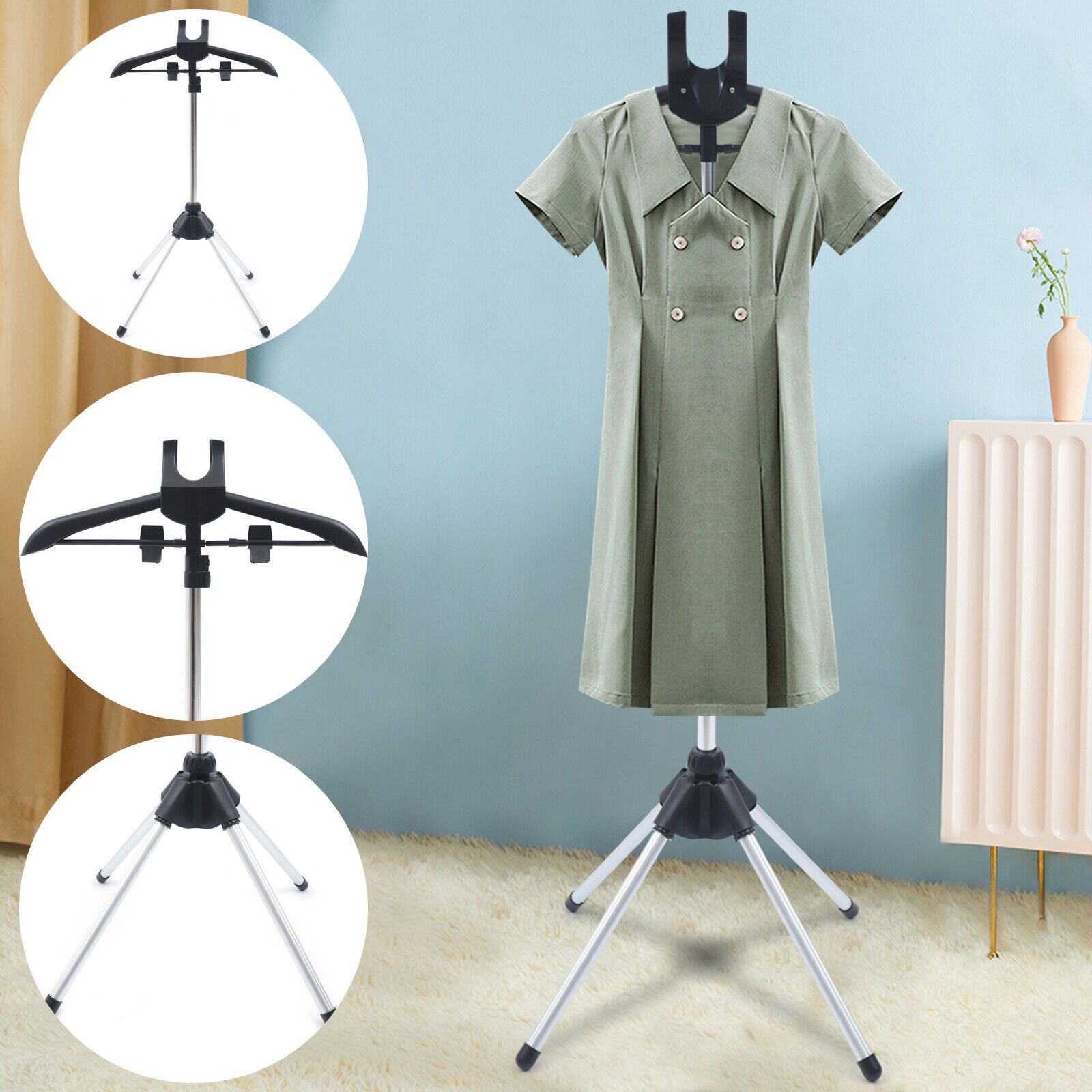 Adjustable Garment Steamer Stand & Hanger - Folding Ironing Rack With Clips, 63" Height, Includes Lint Remover