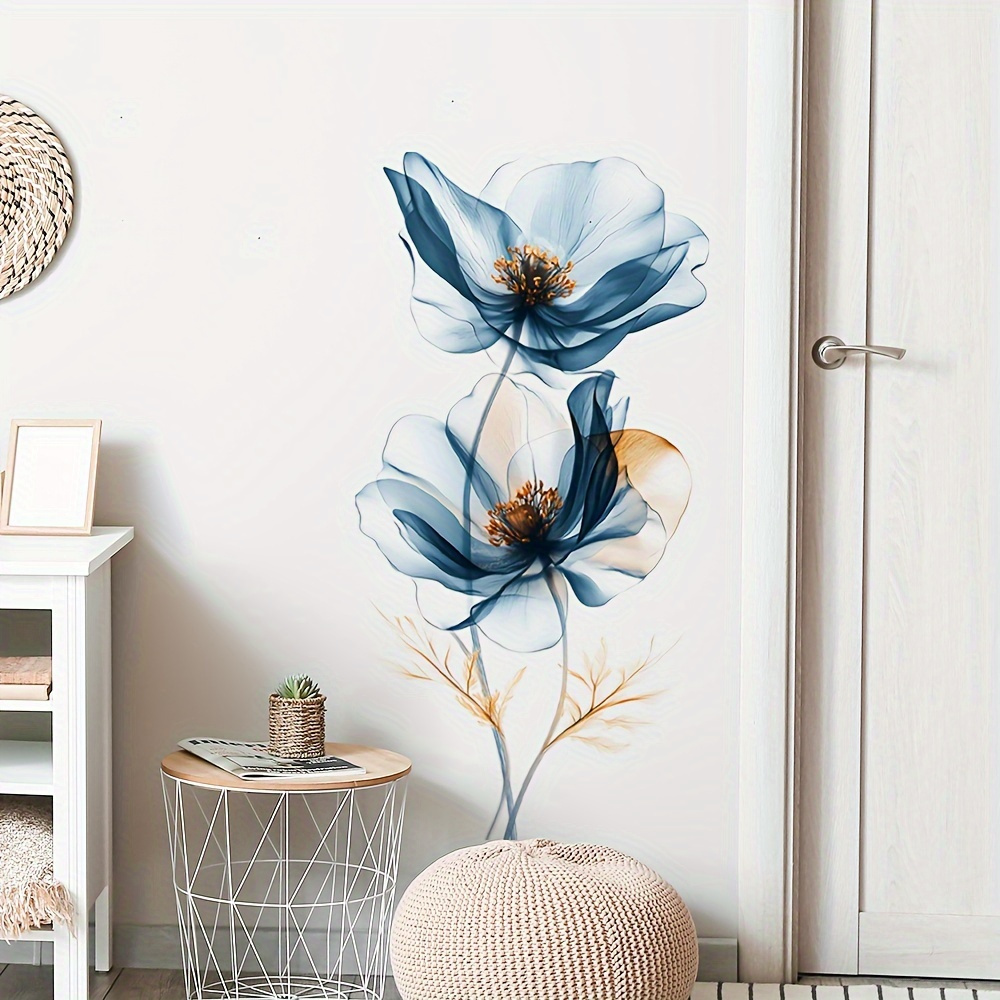 Image of Beautiful Blue Flower Wall Stickers For Living Room Entrance Wall Decoration, Bedroom Background Wall Stickers, Self-adhesive