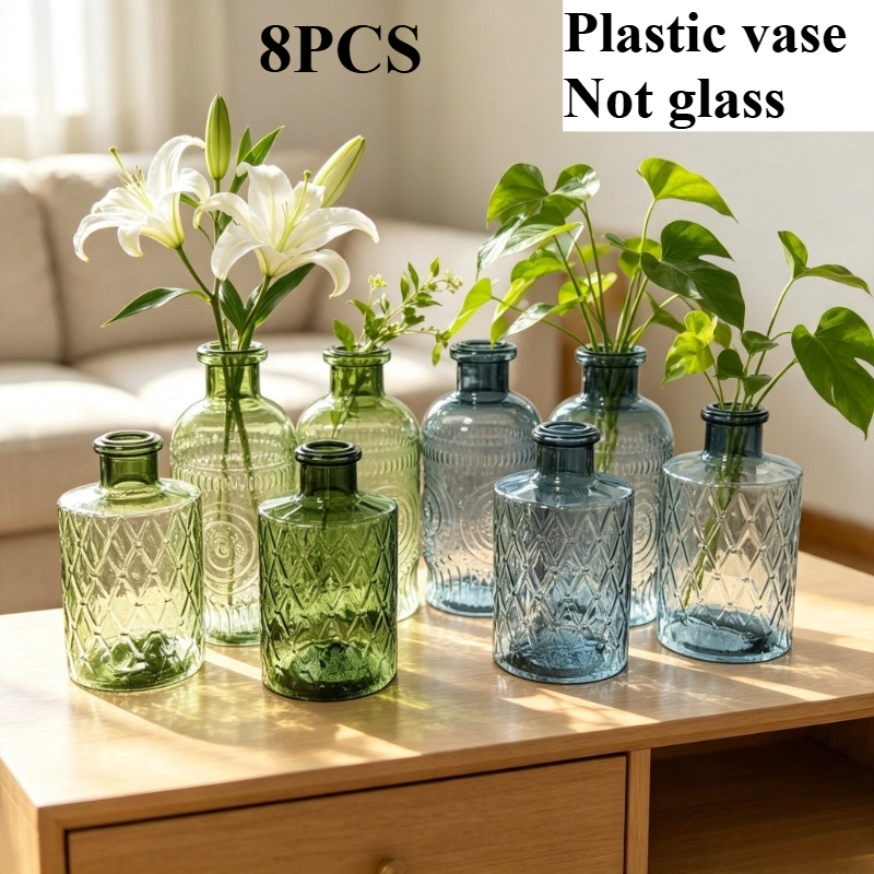 TEMU 8pcs Plastic Bud Vases Set, Small Vintage Plastic Bud Flower Vases Bulk Multiple Shape Cute Mini Plastic Bottles Vases For Rustic Wedding