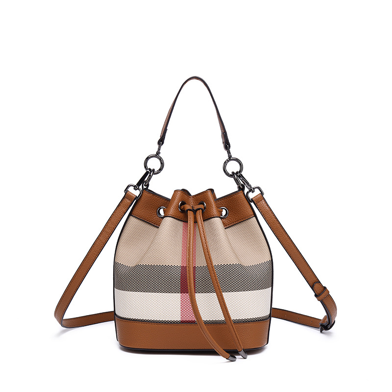 Image of Retro Canvas Drawstring Bucket Bag, Top Layer Trim Crossbody Shoulder Purse, All-match Spacious Casual Ladies Mini Daily Handbag