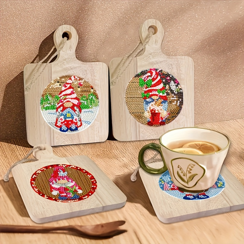TEMU Kit di pittura con diamanti per le feste da 4 pezzi, set di artigianato con diamanti rotondi, tema natalizio e , sottobicchieri in legno