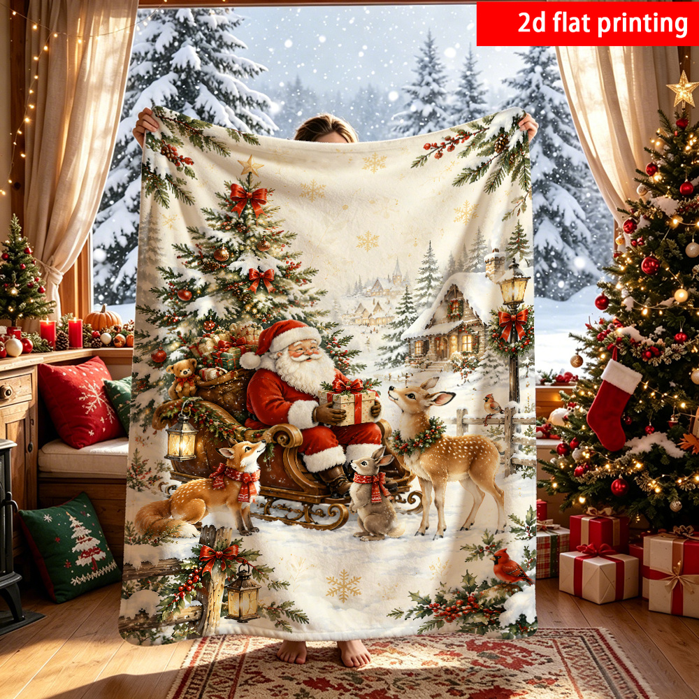 TEMU Couverture en flanelle 1 pièce avec impression 2D à plat, de neige de Noël avec traîneau du Père Noël, de , , impression sur une seule face,