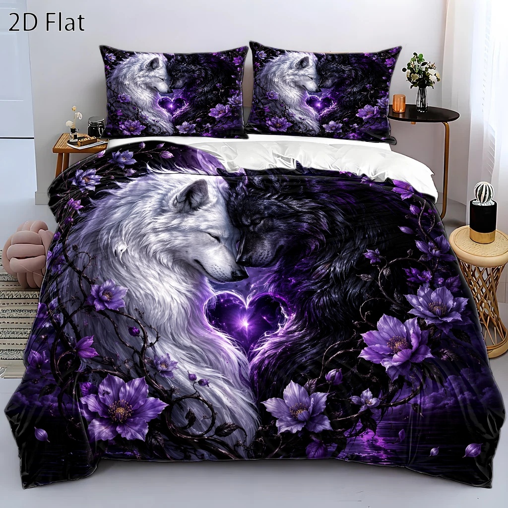 TEMU 3pcs Purple Moon Double Wolf Heart Duvet Cover Set, Bedding 3pcs Set (1*duvet Cover   2*pillowcases), Suitable For , Machine Washable, Invisible