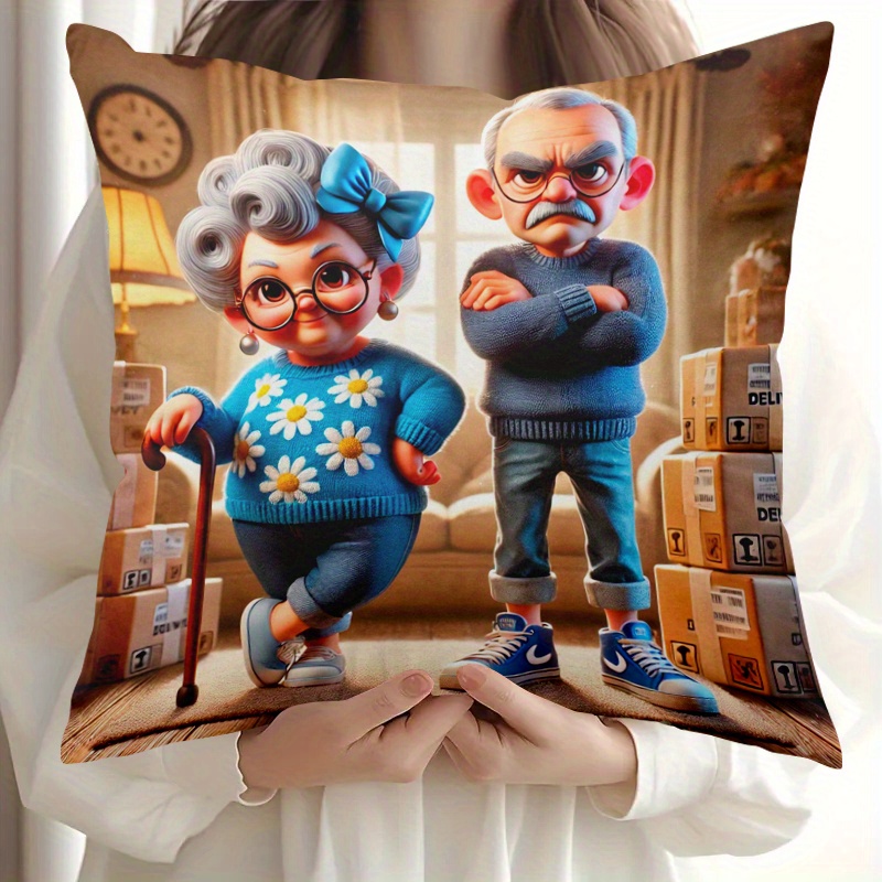 

1pc Style Grandma And Cartoon Print Pillow Cover, Hypoallergenic Polyester, Machine Washable, Zippered, Soft Knit Fabric Cushion Case For Bed, Sofa, Chair - Double-sided, No Insert