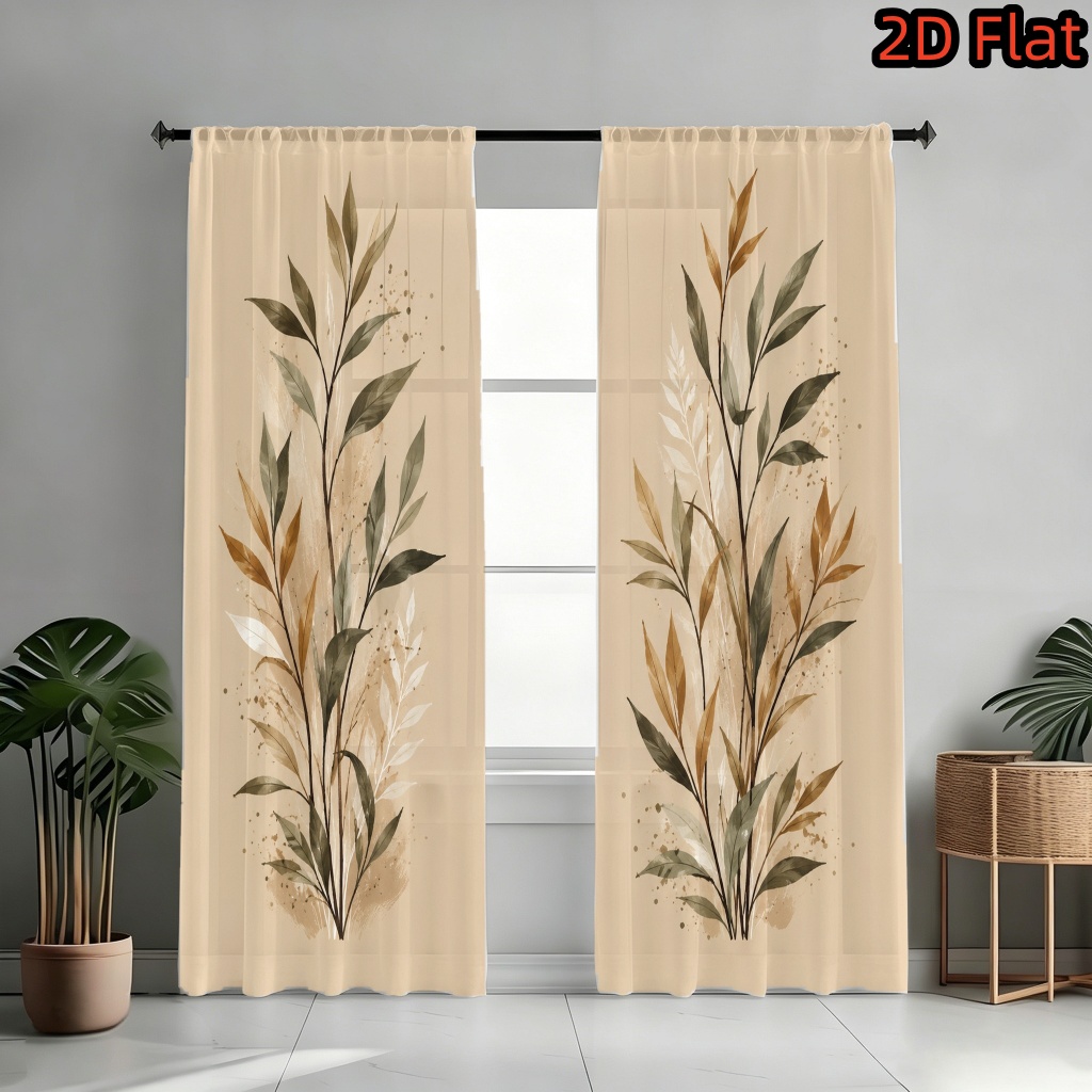 Image of 2d Flat, 2d Flat 2pcs Botanical Leaf Design Light Filtering Curtains, Boho Plant Pattern, Rod Pocket, Decor For Living Room Bedroom Dormitory, 2d Flat
