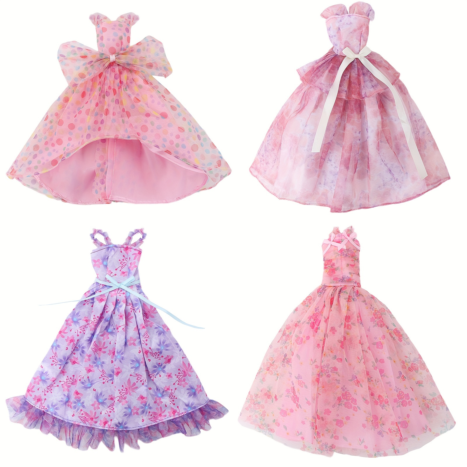 Image of 4pcs Princess Wedding Doll Dresses For 11.5 Inch/30cm Dolls - Floral & Polka Dot Ball Gowns With Big Bows & Tulle Details - Perfect For Doll & Girls' Pretend Play