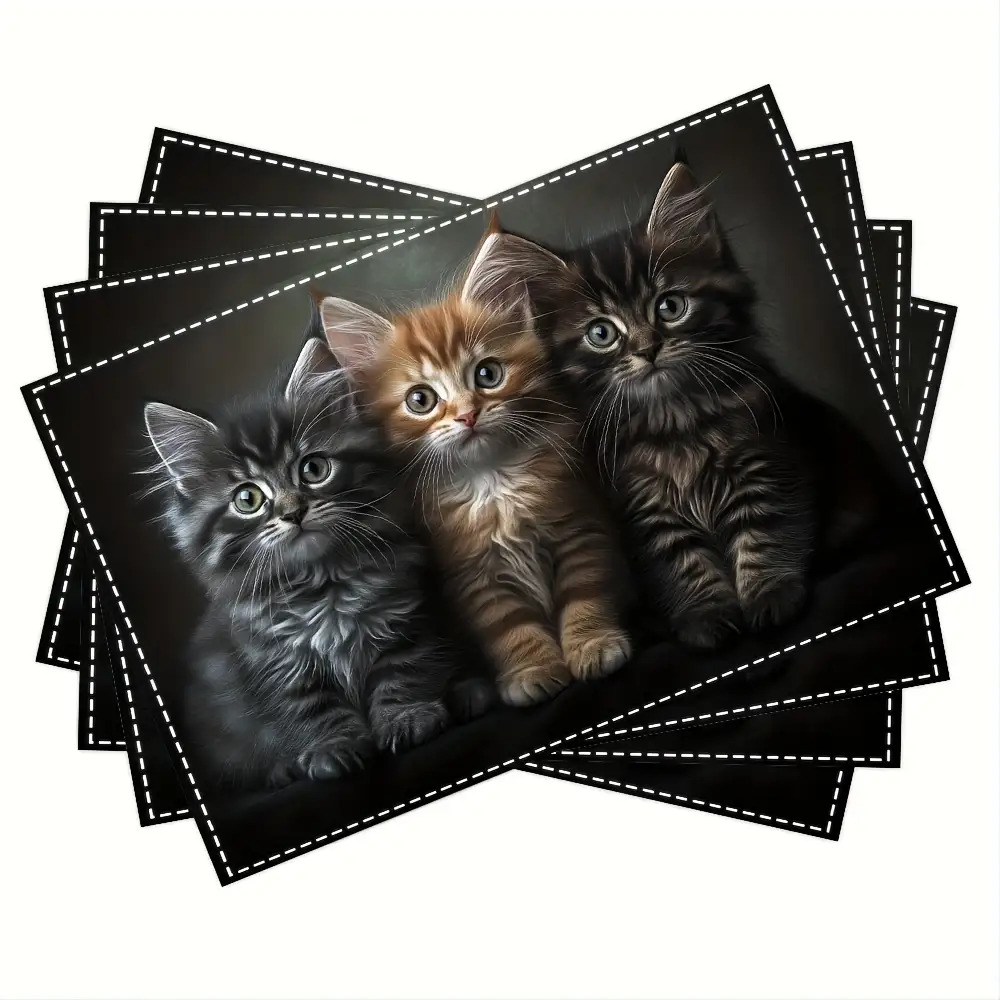 TEMU Of 2, 4, Or 6 Placemats Featuring A Flat, Adorable Cat Design In A Nordic Style. Hand-washable, Rectangular Table Mats Are Perfect For Cat