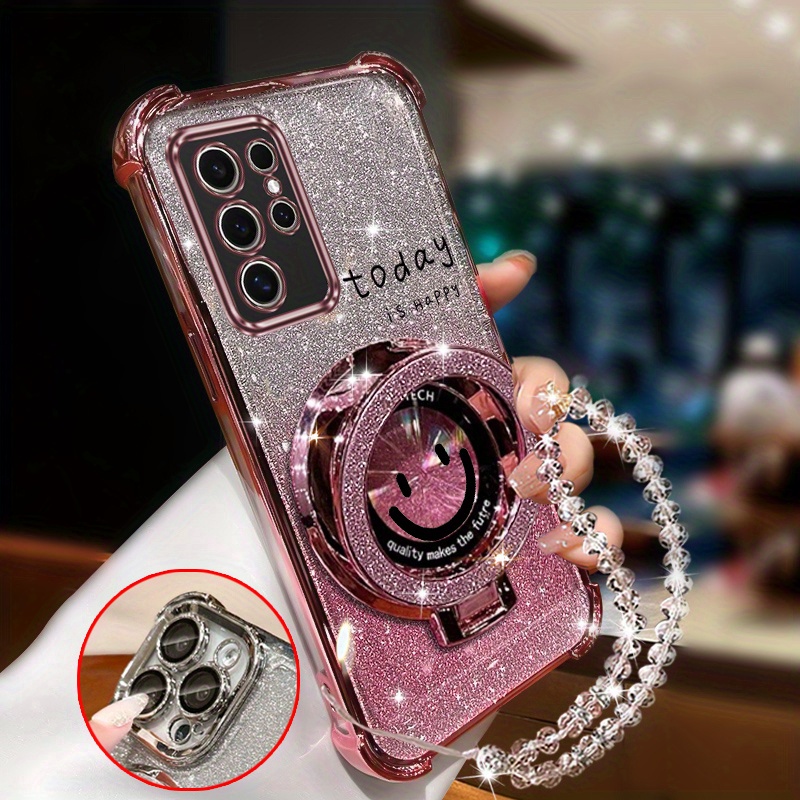 E-shop Handyhülle - Glitzernde, glänzende Handyhülle mit magnetischem Armband und lächelndem Gesicht, für Samsung Galaxy S25 Ultra, Galaxys25Ultra,