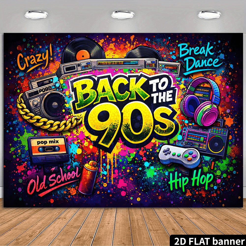2d flat 2d flat banner 90s vintage themed backdrop featuring a graffiti brick wall as the base   design highlights   ba to the 90s artistic lettering surrounded   hip hop   dan and   old school