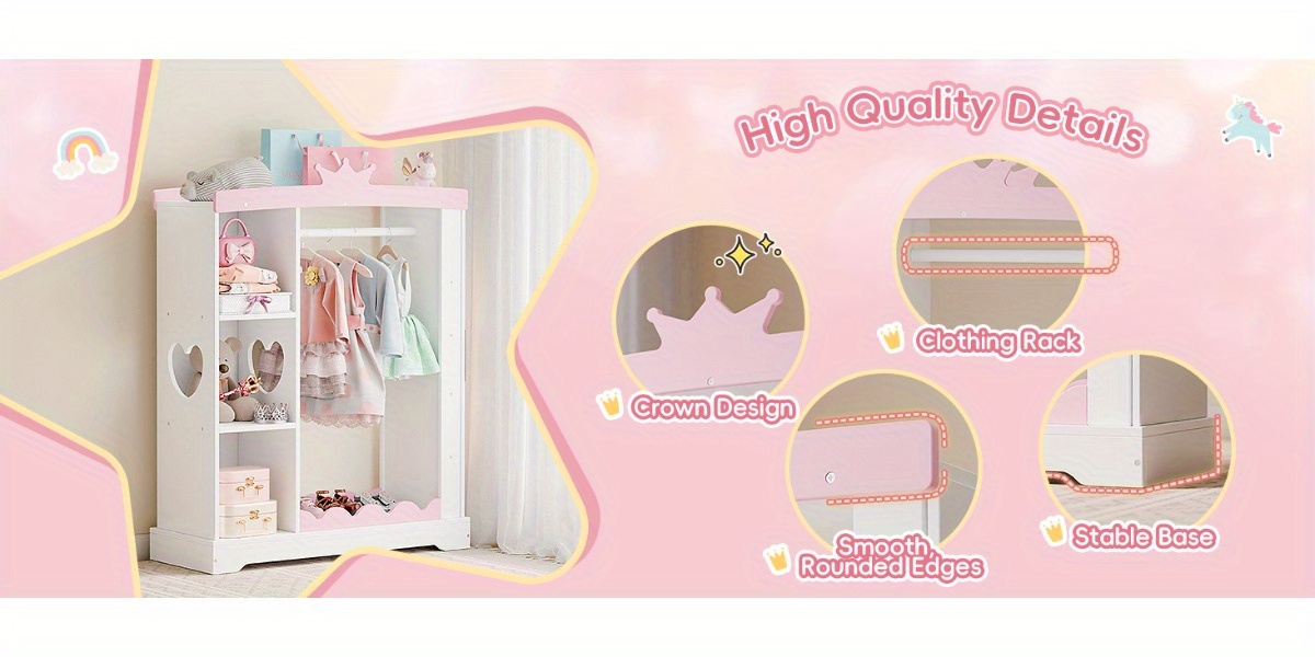 Kids Armoire with Jewelry Cabinet, Dress up Storage with Mirror and Shelves, Princess Dress Closet and Costumes Wardrobe Closet, Costume Organizer for Bedroom, Kids Room, Girls