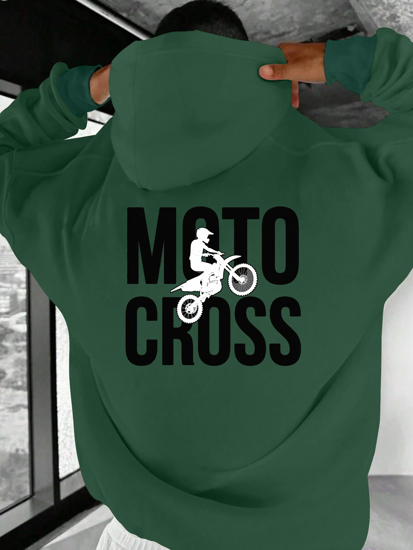 mens motocross graphic hoodie black with white print loose fit casual pullover front pockets machine washable autumn winter outdoor streetwear