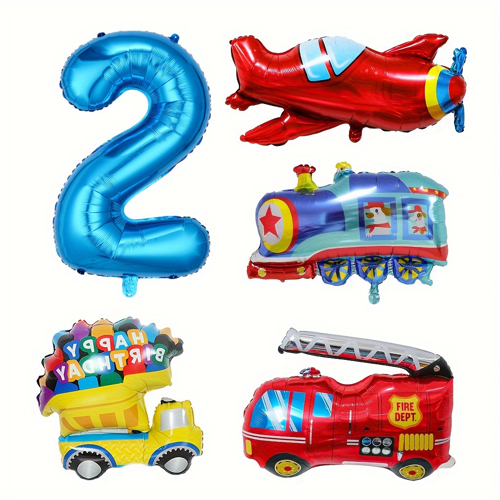 Image of 5pcs Transportation Balloons, Ice Cream Truck Plane Fire Truck Train Foil Balloon, Vehicles Golden 0-9 Birthday Party Supplies Decorations, For Halloween, Christmas