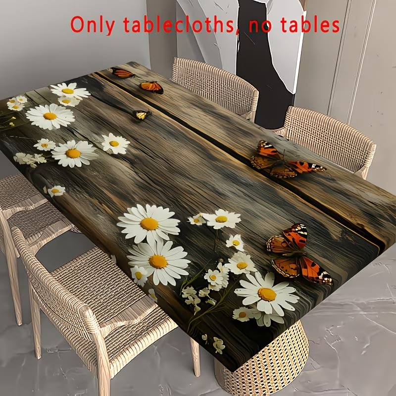 TEMU 1pc Elastic Outdoor Tablecloth, Daisy & Print With Faux Rustic Wood Plank Design, Durable Polyester Rectangular Table Cover, Ideal For Camping,