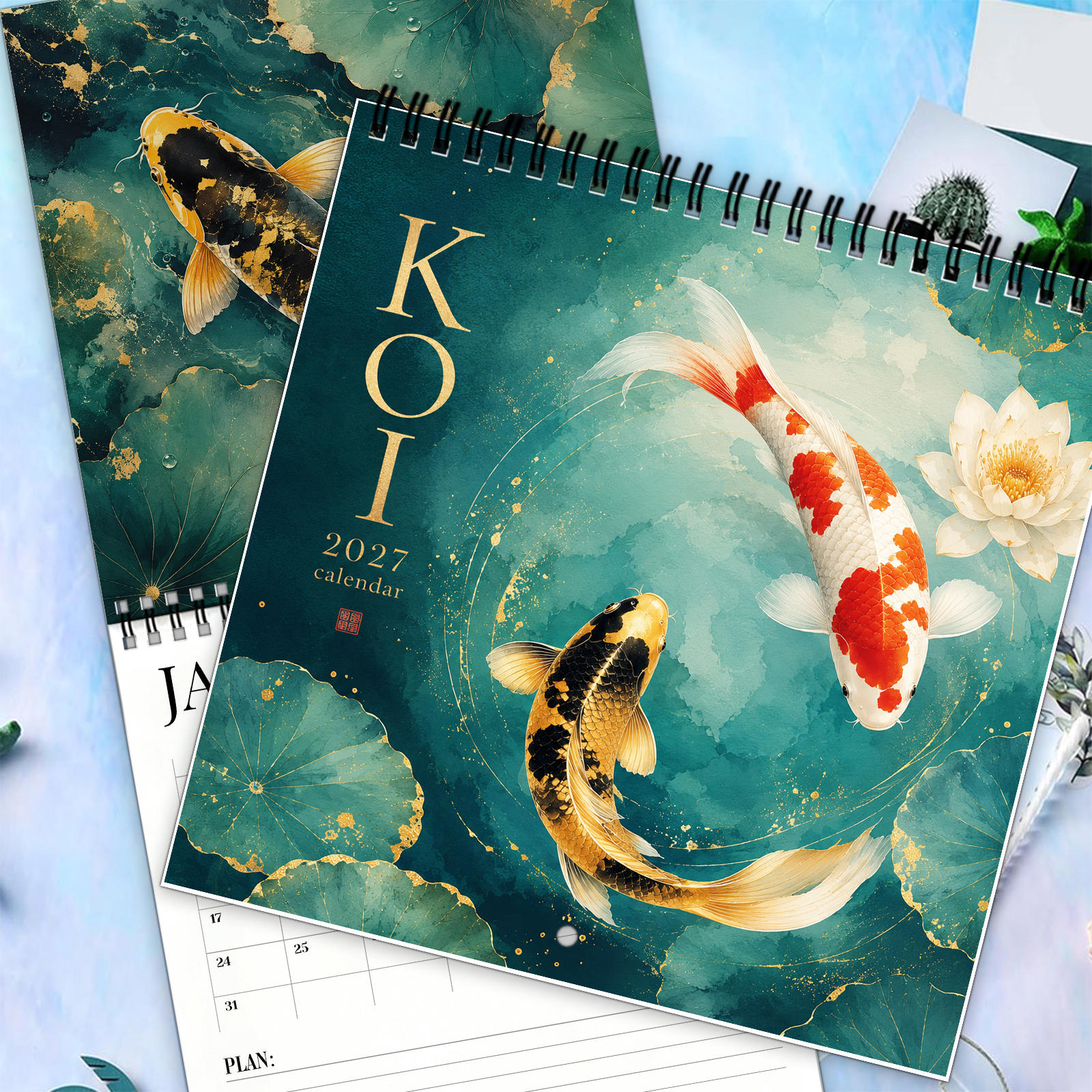 TEMU 2027 Koi Calendar, Aesthetic Japanese Carp And Water Lily Art Photography With Monthly Pond Scenery, Twin Wire Hanging Design For Home Wall
