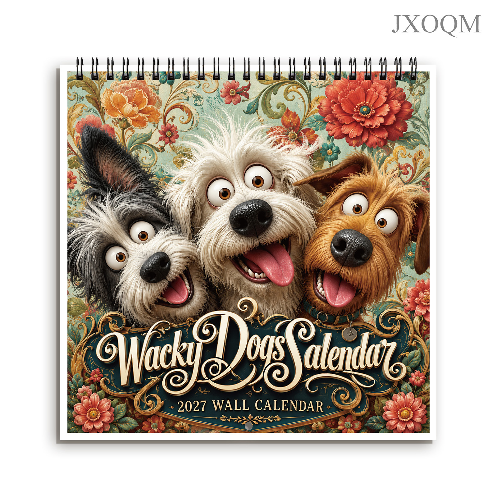 TEMU 1pc 2027 Wacky Dogs Wall Calendar - 12-month Hanging Planner With Hilarious Cartoon , Floral Background Suitable For, Monthly Planner For Pet