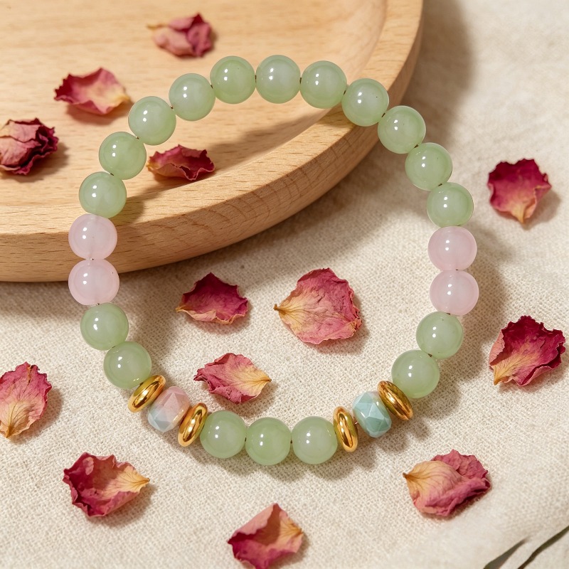 Fresh Light Green Pink Quartz Patchwork Bead Bracelet