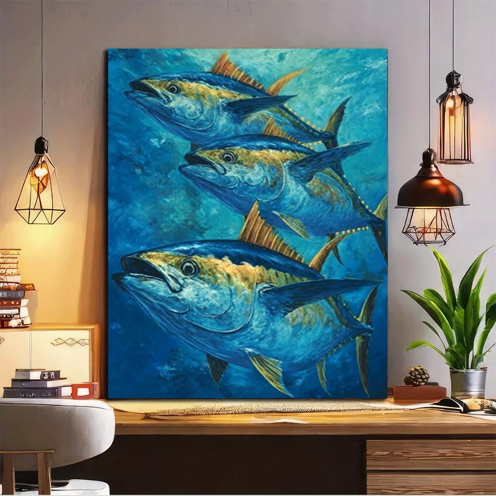 TEMU 2d Flat, 1pc Blue Ocean Wall Art - Wrapped Wooden Framed Canvas Suitable For Living Room, Bedroom, Office Decor, Vibrant Leaping Yellowfin Tuna