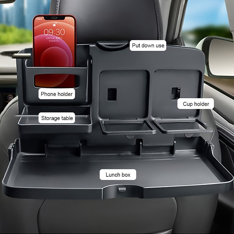 

Premium Plastic Backseat Organizer With Foldable Tray, Dual Cup Holders, Phone Slot, And Large Storage Compartment, With For Vehicle Seat Back Accessories