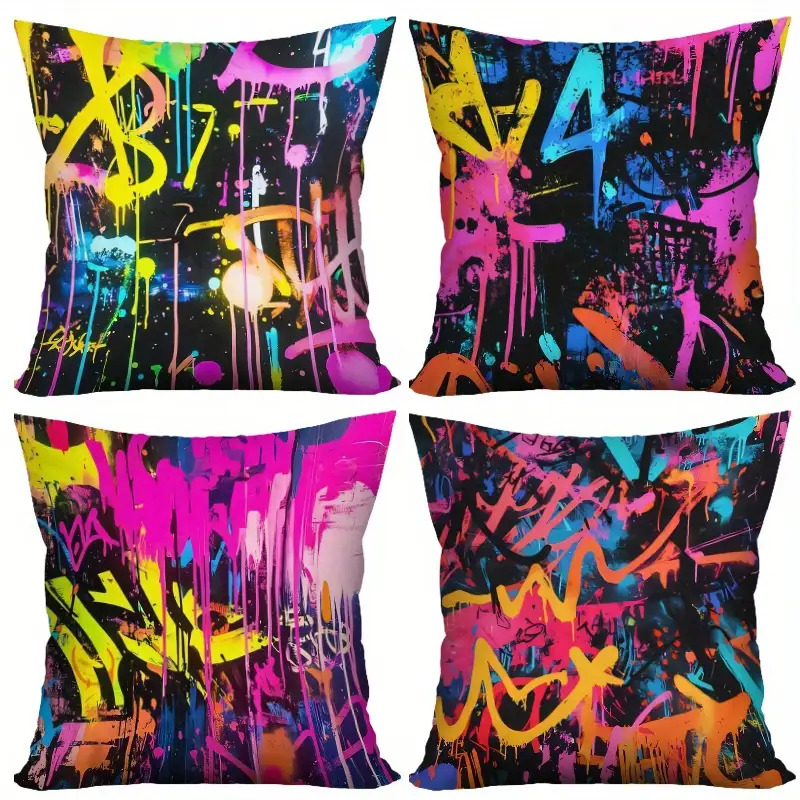 TEMU 4pcs Pillowcases, Graffiti Art Pillowcases - Vibrant Neon Colors And Multicolor Graffiti Patterns, Soft And Polyester Plush Fabric, Single-sided