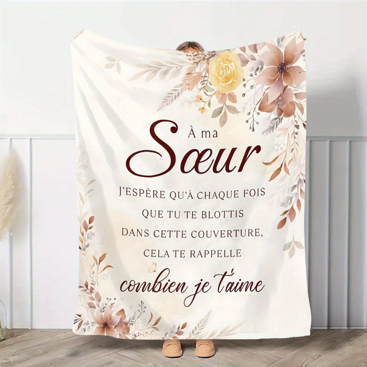 TEMU 1pc A Floral Blanket Featuring A French Sister Quote - A Soft Flannel Throw Suitable For , With Pastel Flowers And A Design, Perfect For The