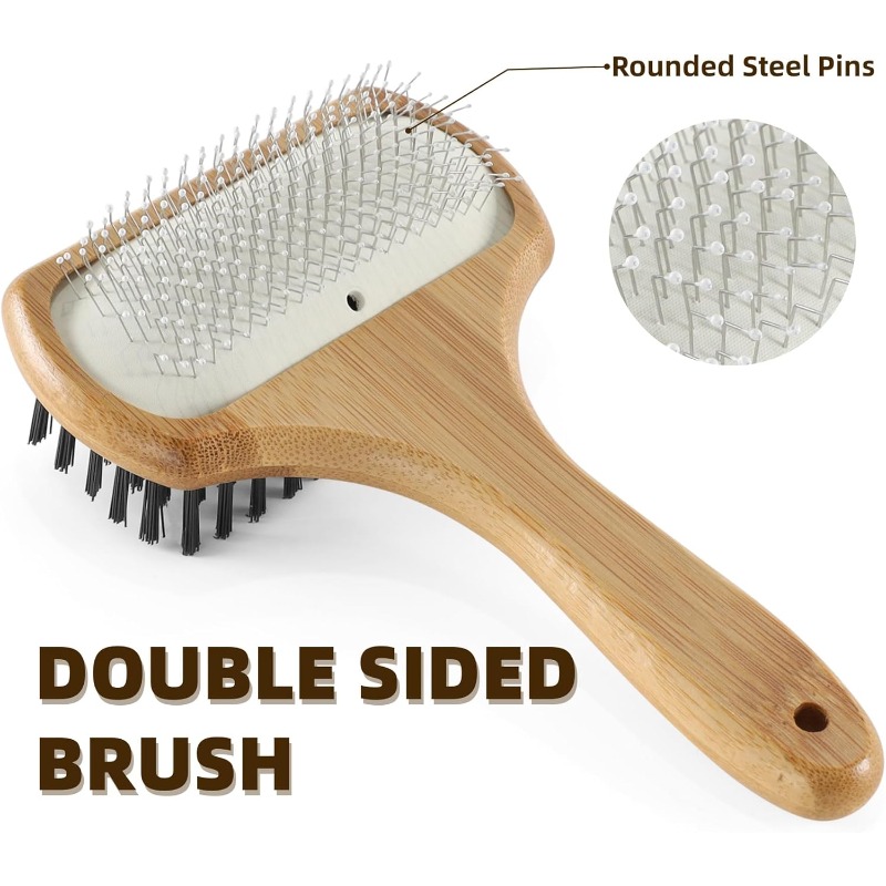 double-sided   grooming   handle & stainless steel detangling system - 2-in-1   brush for long/short hair, reduces shedding, removes  , promotes   -   for large breeds,  , british shorthair cats - heavy-duty metal & bamboo construction, ideal for   sizes - dual-sided brush for detangling & coat   & blood flow, pet grooming kit, bristle brush for dog, dog scrub brush, dog grooming accessories, Product details 3