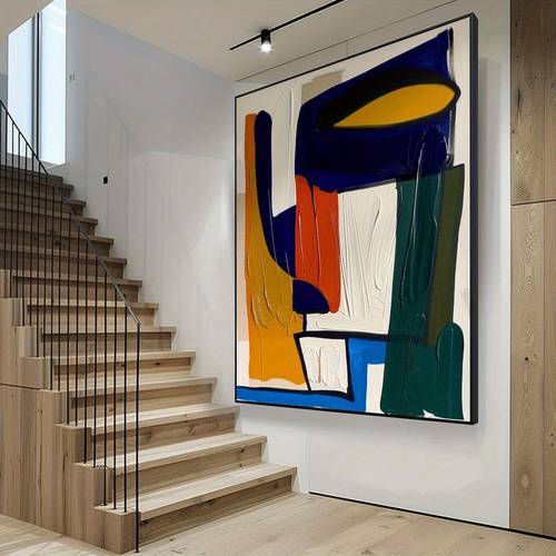 large modern abstract framed canvas wall art hand painted textured painting with blue white beige golden wrapped wood frame greenish blue hues multicolor geometric shapes for living room bedroom 2d