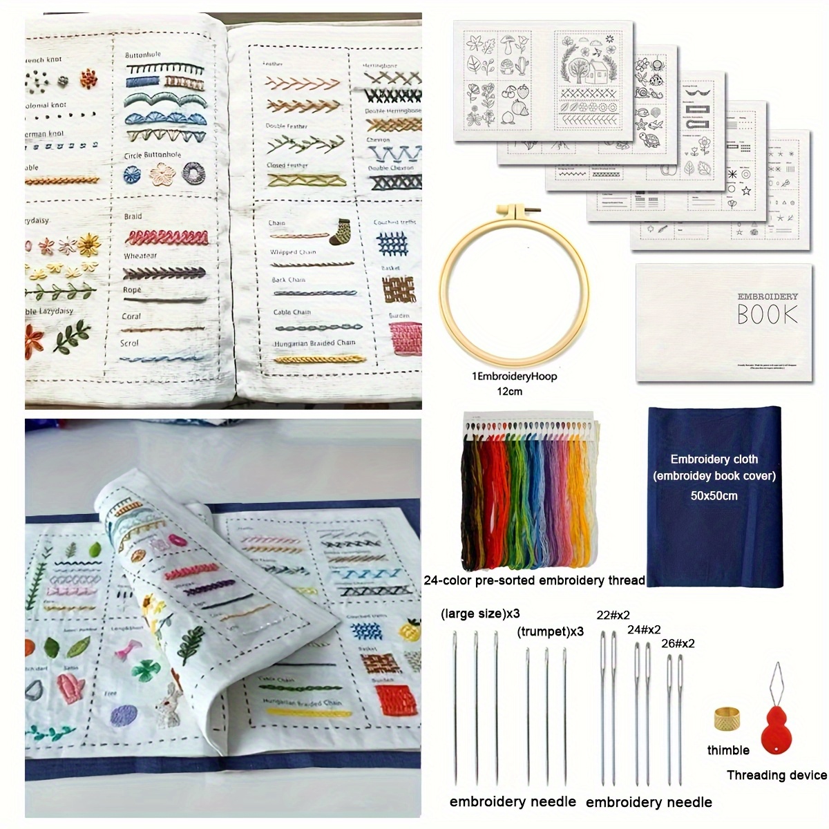 E-shop Stickerei-Anfänger-Set: Stickmusterbuch + Nadel- und Fadenguide + Nähen Anleitungshandbuch | DIY Bastelmaterialpaket mit Nähwerkzeugen (Geeignet
