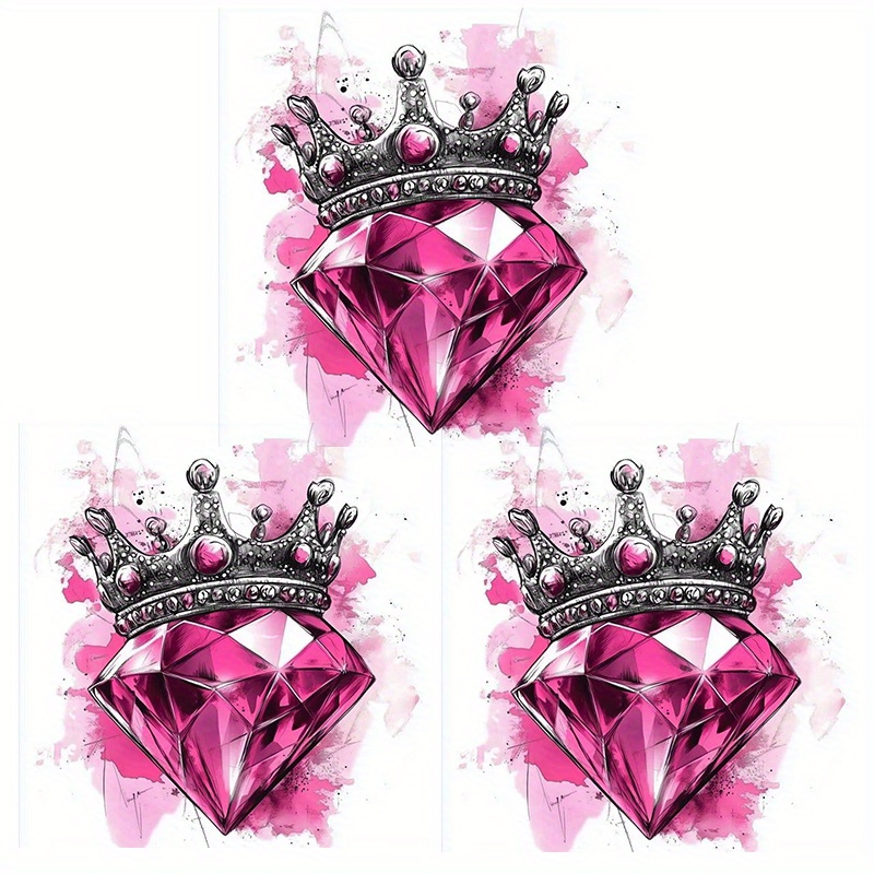 E-shop 3er-Set Rosa Kronen-Diamant Wärmeübertragungs-Aufkleber, DIY Bügelbilder für T-Shirts, Sweatshirts, Jeans, und Hüte - Mehrfarbig, Waschbare