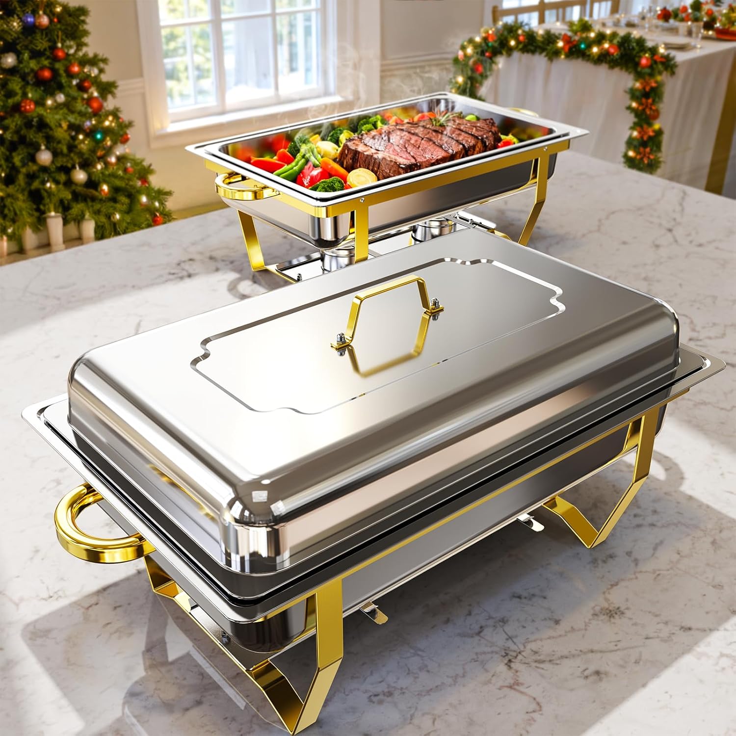 Image of 2/4 Pack Chafing Dishes For Buffet, 8qt Golden Chafing Dish Buffet Set Full Size, Stainless Steel Chafers And Buffet Warmers Sets With Golden Serving Tongs, Food Warmers For Parties, Cooking