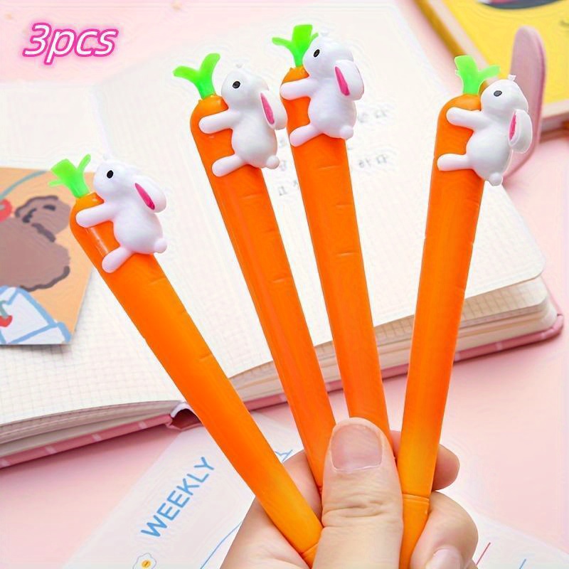 Image of 3pcs Cute Carrot Rabbit Gel Pens Set, Kawaii, Quirky Pens, 0.5mm Nib, Black Ink, School And Office Supplies, Study Stationery, Smooth Writing, Back To School, Holiday Gift