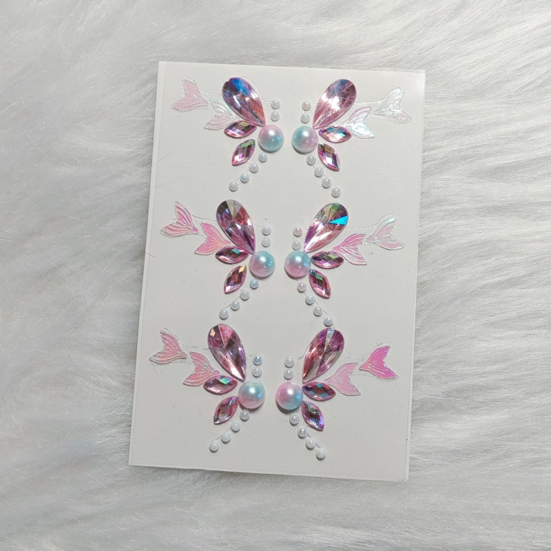 1pc Rose Quartz Mermaid Tail Flower Hairpin Brow Sticker, Rhinestone Self-adhesive, Suitable For Stage Makeup, Role-playing, And Face Decoration Stickers