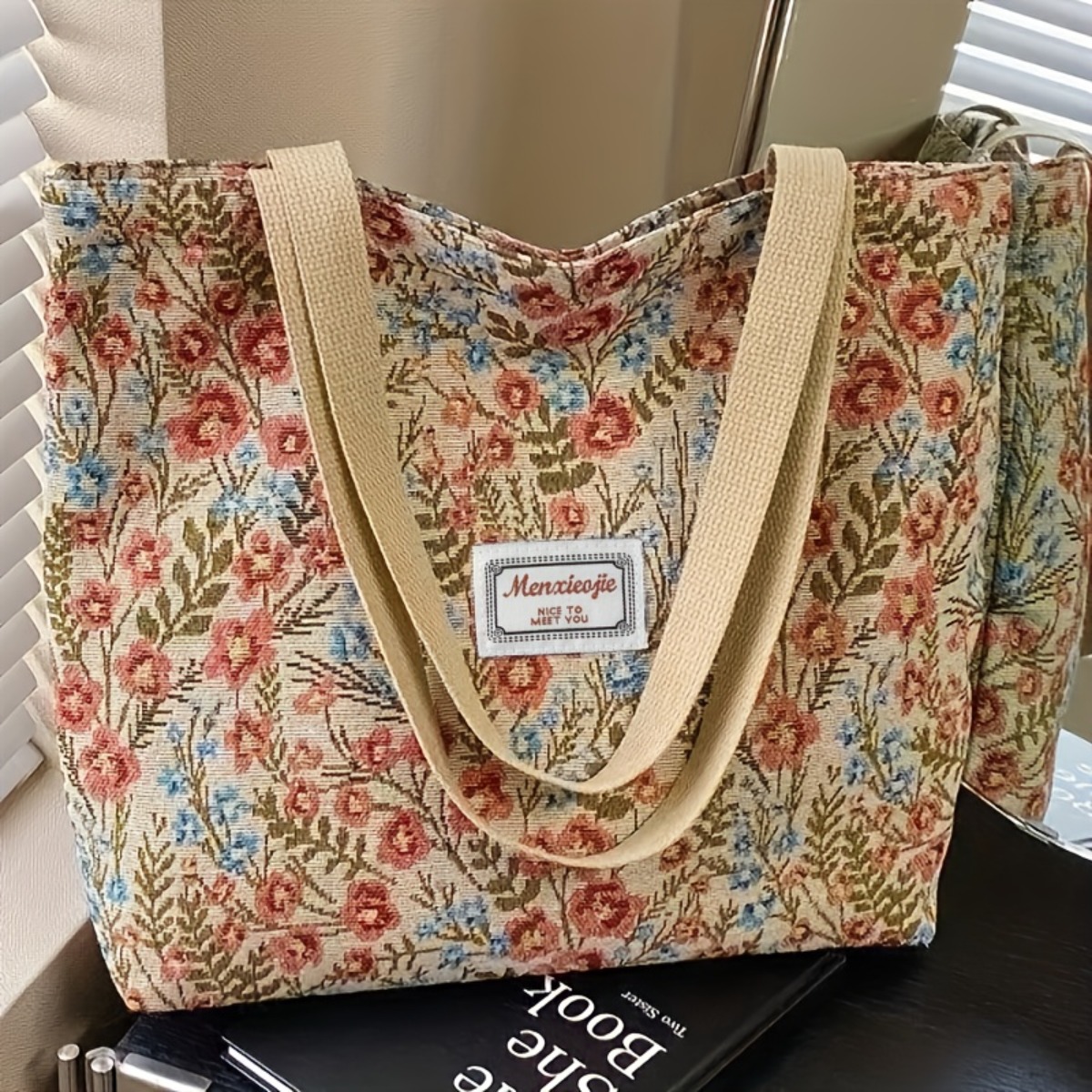 retro oil painting style floral canvas tote bag large capacity shoulder bag for commuting school and shopping beach vacation versatile bag