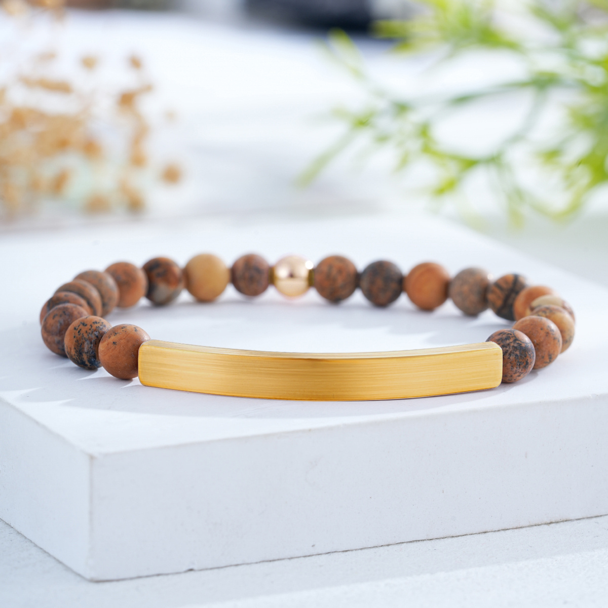 Customizable Text Natural Stone Bead Bracelet, Bohemian Style