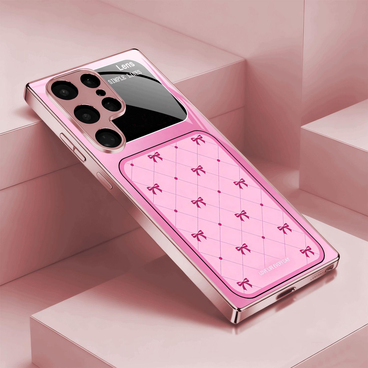 Etui za telefon - Roza mrežast vzorec s pentljo, prevlečen roza nov etui za telefon, primeren za Galaxy S21 22 23 24 25 PLUS, S21 22 23 24 25