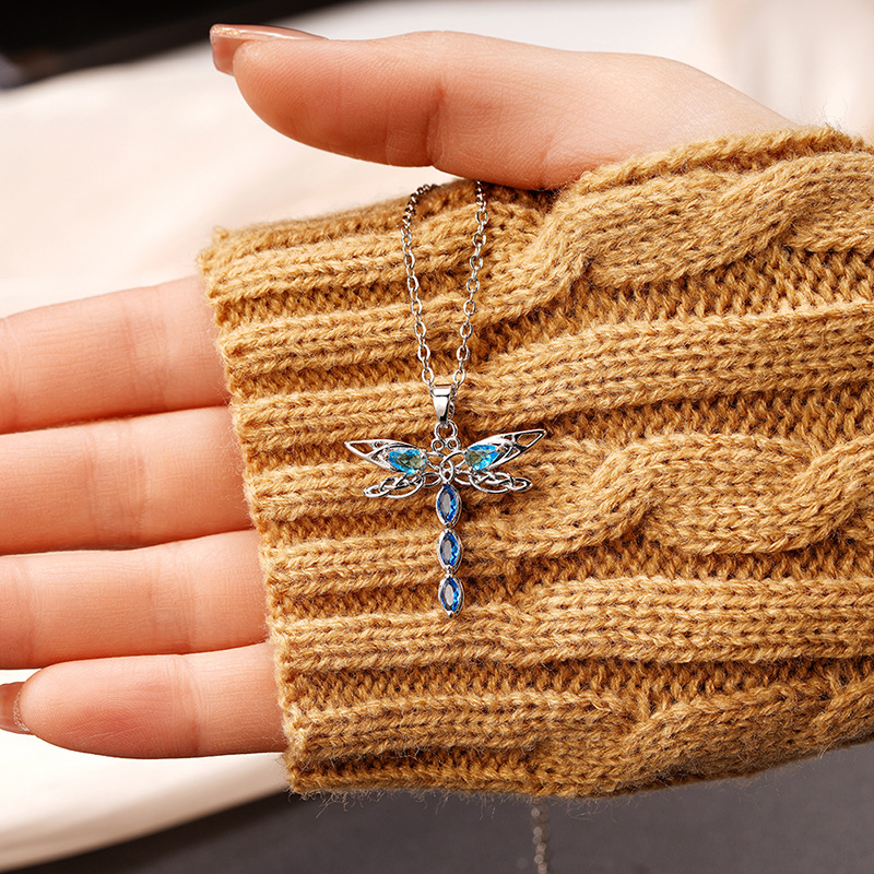 Women's S925 Silver Dragonfly Pendant Necklace with Cubic Zirconia