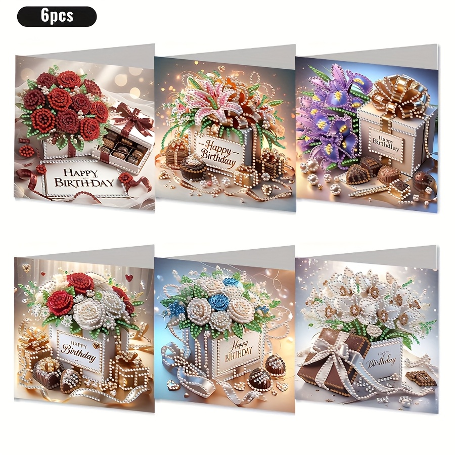 TEMU Ensemble de 6 cartes d'anniversaire de peinture diamant, cartes postales romantiques de fleurs d'anniversaire et de chocolat, cartes de vœux