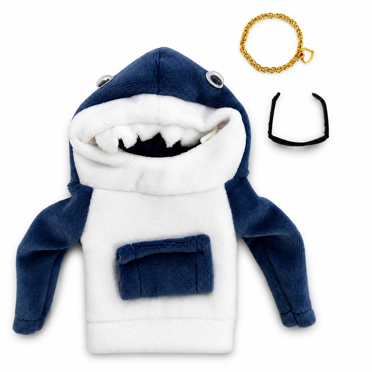 TEMU 7-inch Goose Figurine Accessories, 3pcs Shark Desk Goose Outfit Set With Plush Hoodie, Black Decor & Golden Necklace, Figurine Ornaments, Fun