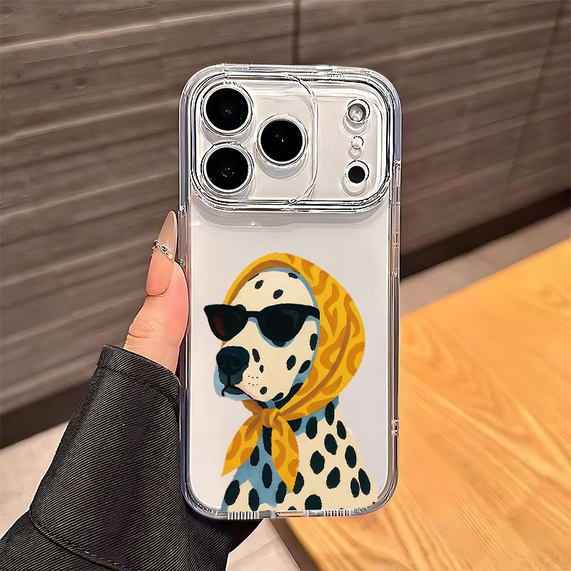 TEMU Phone Case: Stylish Cartoon Dalmatian Wearing Fashion Glasses And Scarf Transparent Uv Printed Phone Case Suitable For Iphone 17promax 17air