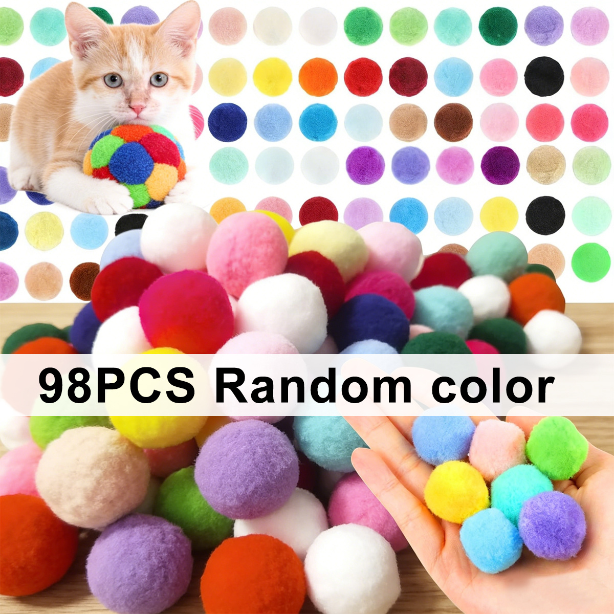 TEMU 98pcs 3cm Plush Cat Toy Balls, Random Durable Chew Balls For Kittens, Cats And Small Dogs, Ideal Interactive Training Toys And Pet Entertainment