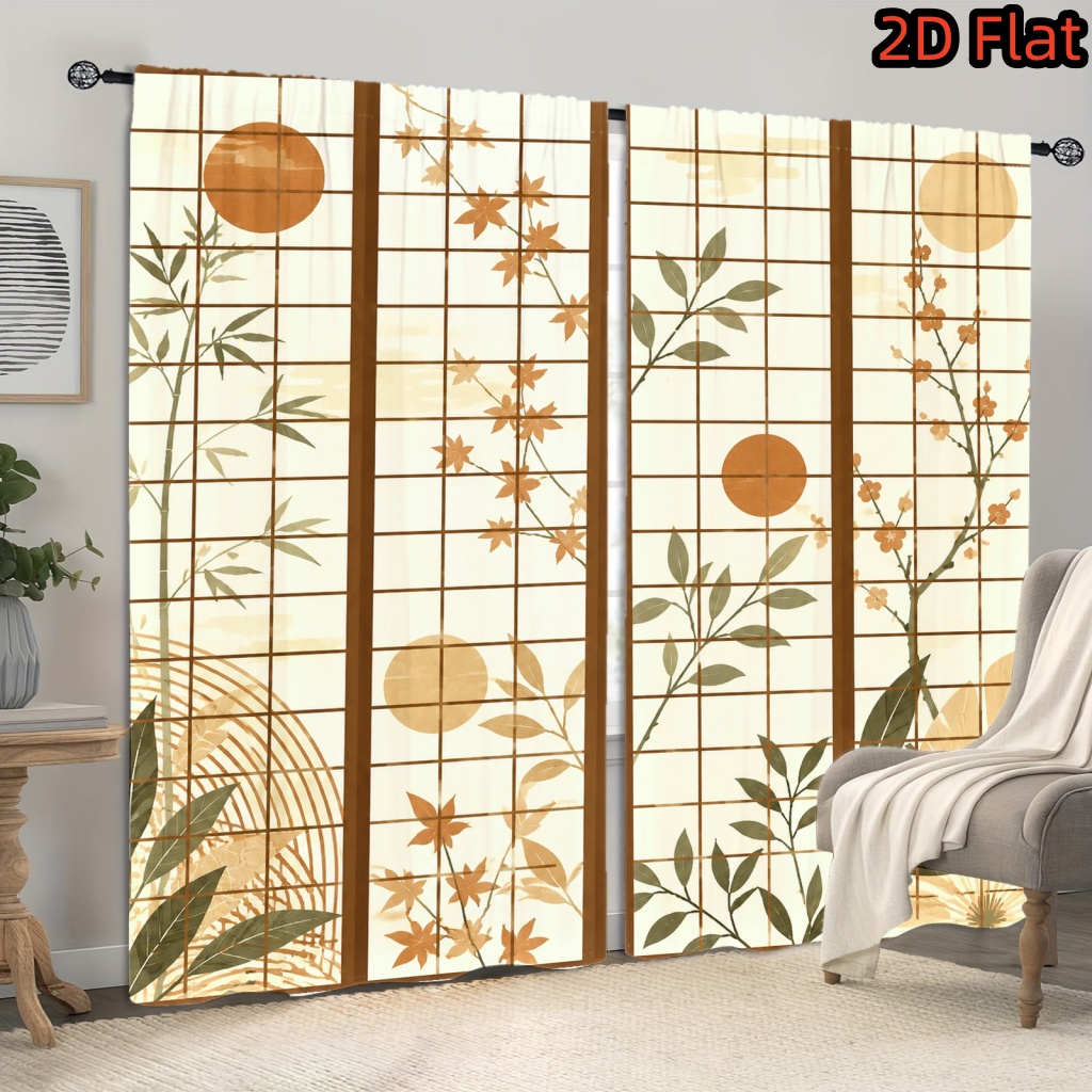 Image of 2d Flat - 2d Flat 2pcs Bamboo And Maple Leaf Pattern Light Filtering Curtains, Sun Motif Print, Rod , Aesthetic Decor For Room Bedroom Dormitory