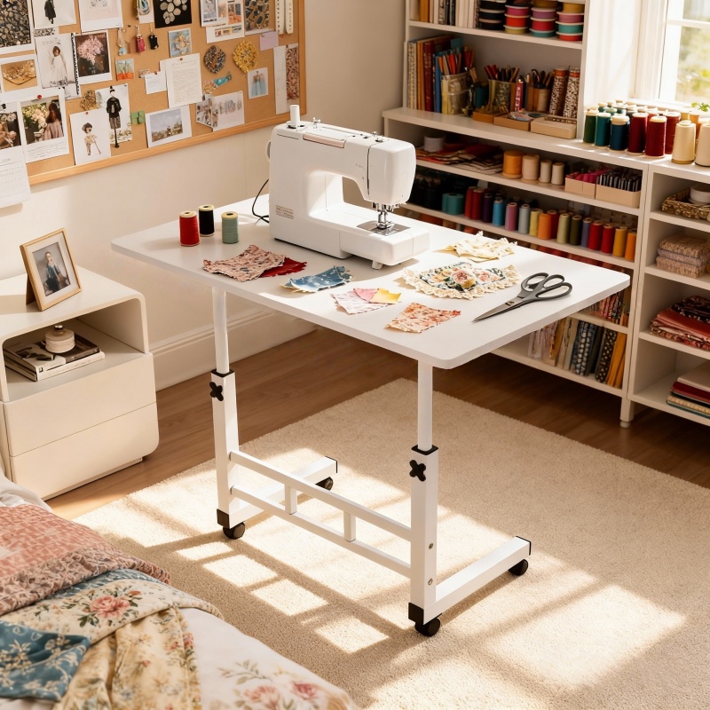 TEMU [ Version - Sewing & Knitting Supplies] Multifunctional Adjustable Height Table/storage Table - Table With 4 360° , In , With Double Shelves.