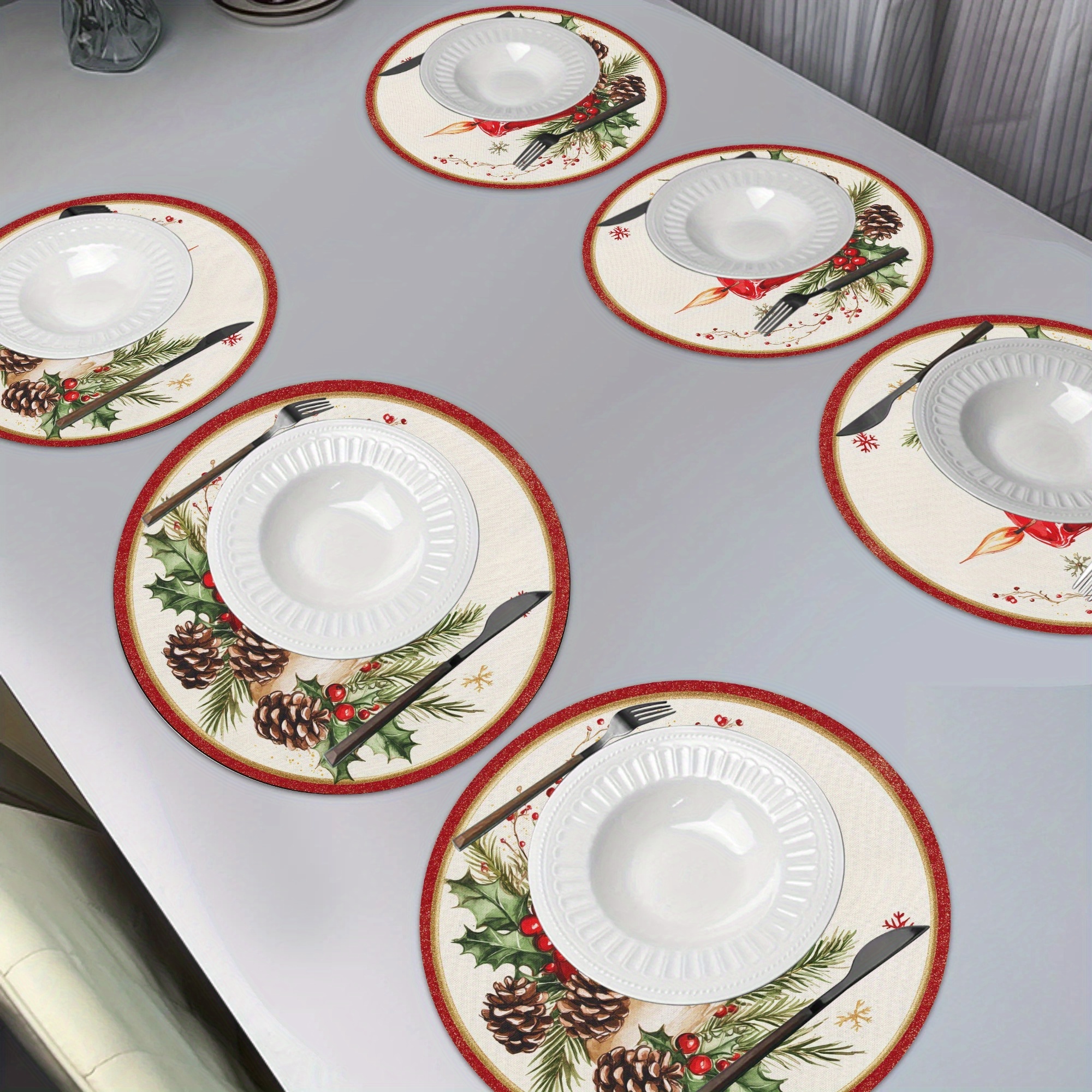 

6- Christmas Placemats, 15 Round, , Polyester , Snowman, , , Wreath & , -slip, , For Table Decor