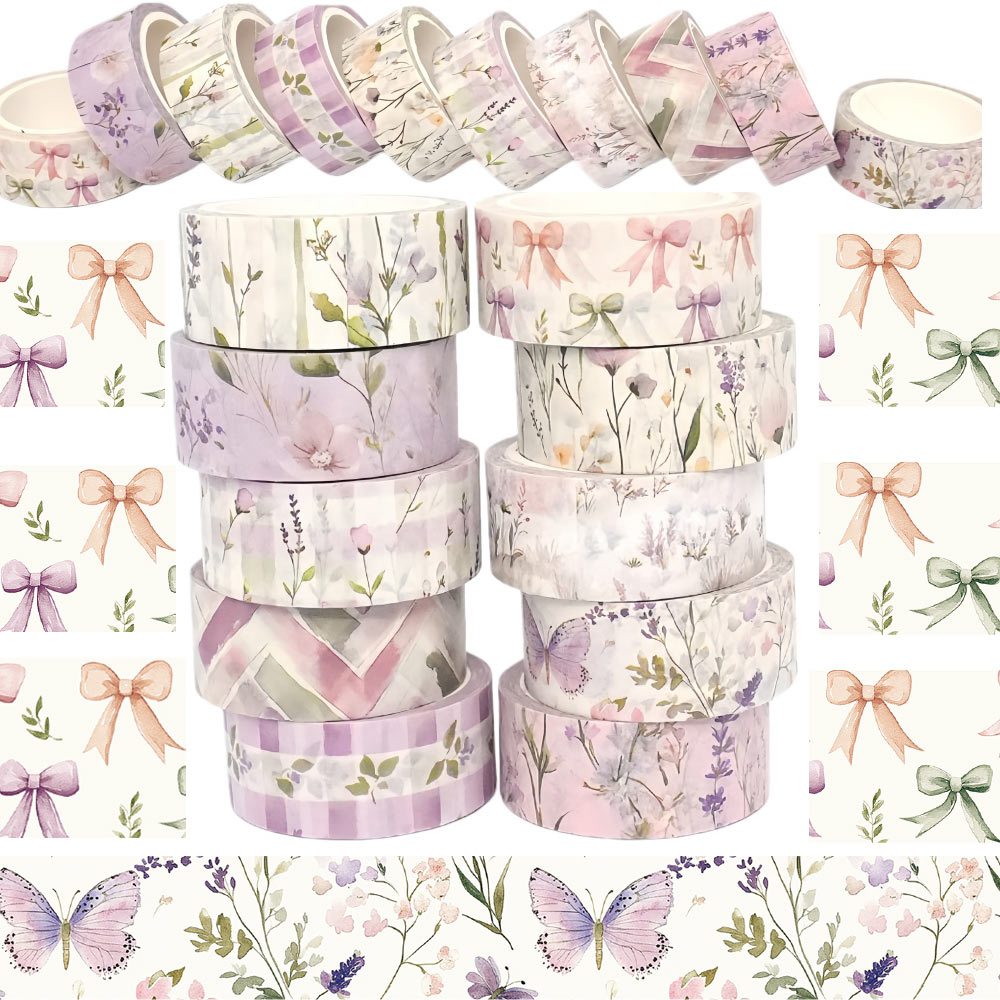 Image of 10 Rolls Of Spring Paper Tape With Pink-purple Prints For Journaling, Diy, And Collage Crafts
