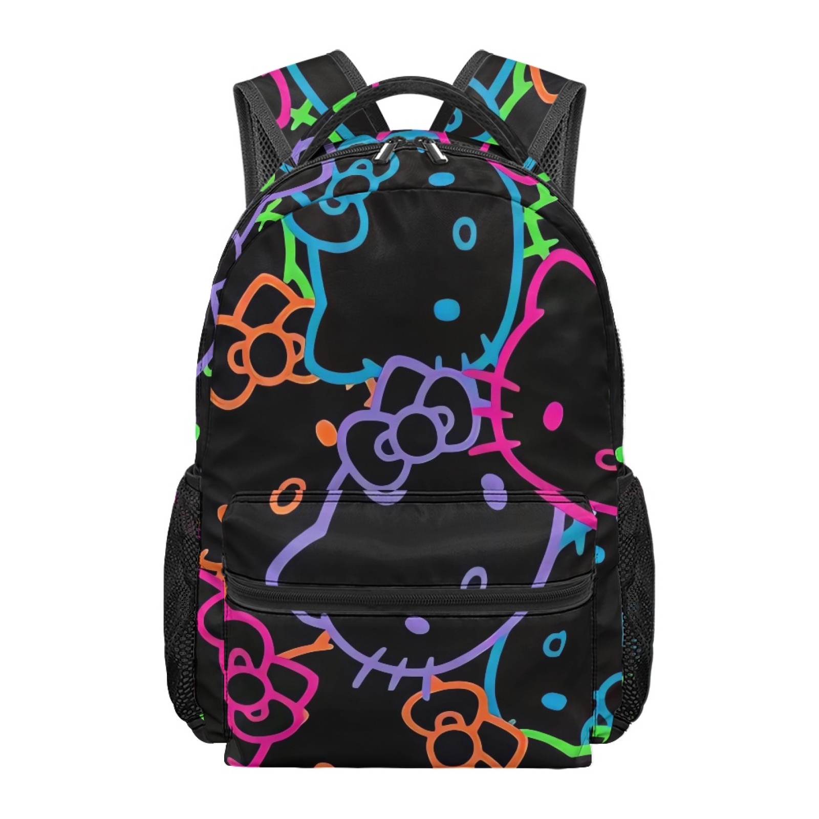 TEMU Hello Kitty Neon Outline Pattern Printed Backpack, Women's Backpack, Casual Backpack, Zipper Closure, Adjustable Shoulder Strap, Full Width