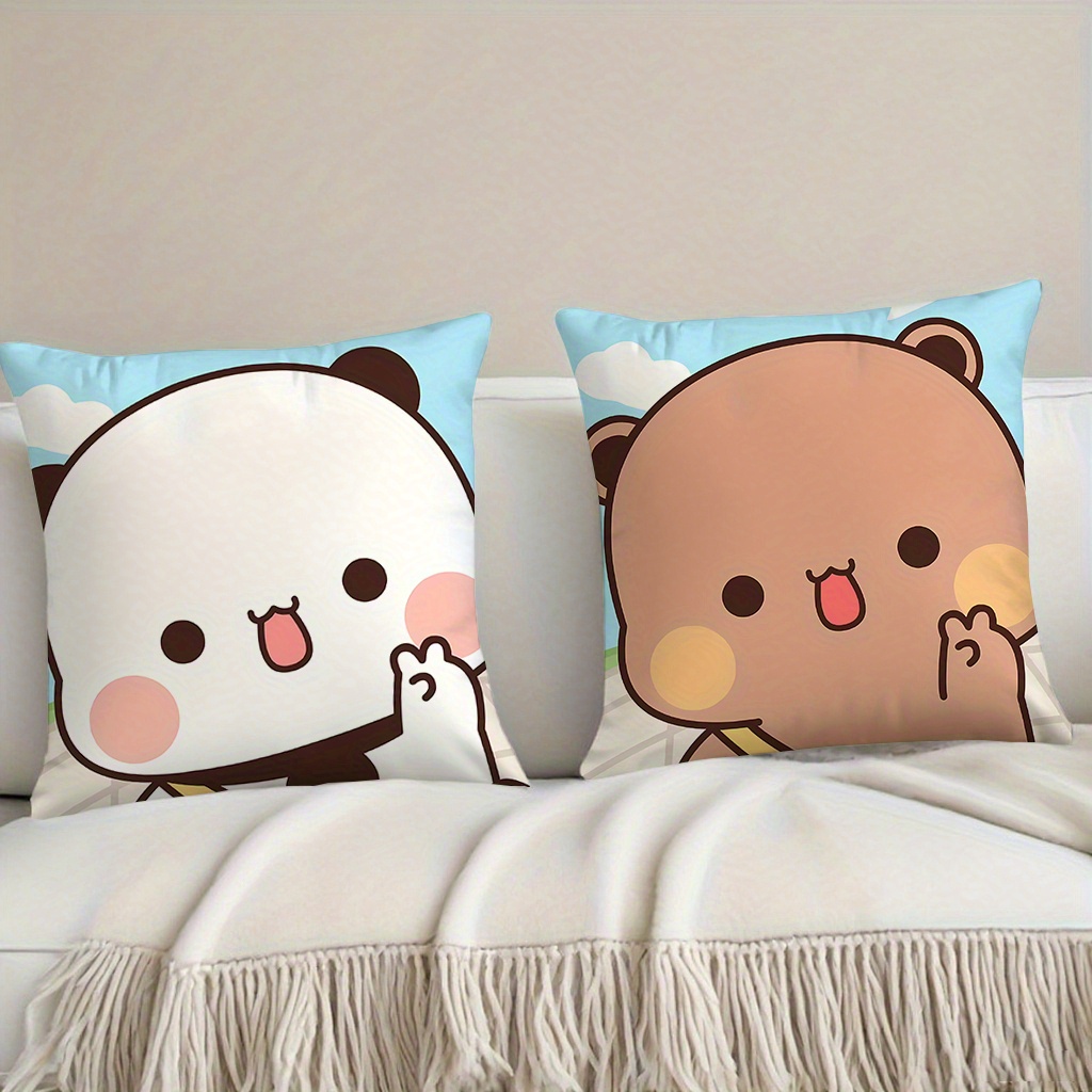 TEMU 2pcs Cute Cloth Bear Pillow Covers - Design, Comfortable Covers For Home Decor, Sofa Cushion Cases, Machine Washable, Single-sided Printing,