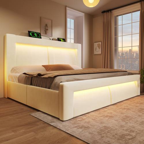 double bed 140x200cm with storage hydraulic bed and a velvet curved headboard design beige with a mattress