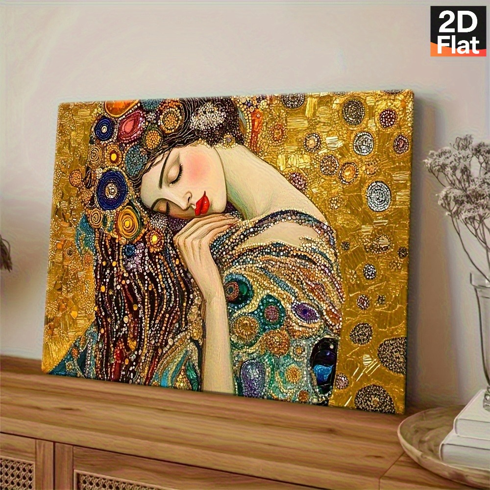 TEMU 2d Flat, Gustav Klimt's "sleeping Woman" Framed Canvas Painting - Iconic Suitable For Art Print, Art Deco Wall Decor With Solid Wood Frame,